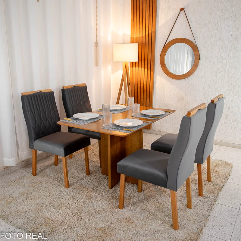 Mesa de Jantar Salina Tampo Londres Cinamomo 120x80 4 Cadeiras Genova Veludo Cinza 507 Madeira Maciça Art Assento - Imagem 5