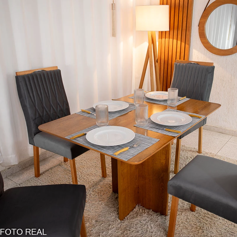 Mesa de Jantar Salina Tampo Londres Cinamomo 120x80 4 Cadeiras Genova Veludo Cinza 507 Madeira Maciça Art Assento - Imagem 4