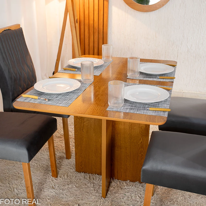 Mesa de Jantar Salina Tampo Londres Cinamomo 120x80 4 Cadeiras Genova Veludo Cinza 507 Madeira Maciça Art Assento - Imagem 2