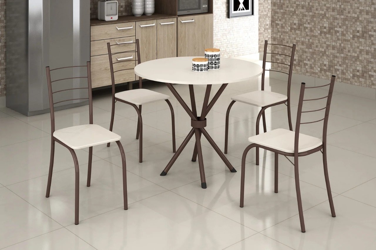 Conjunto Mesa Tubular Rio Marrom com 4 cadeiras Tampo Ardósia Circular Off White - 0,75x0,75