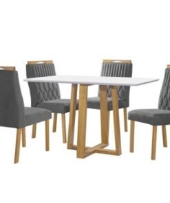 Mesa de Jantar Pedro 90x90 Com 4 Cadeiras Genova  - Cinamomo/Off White/Cinza Veludo