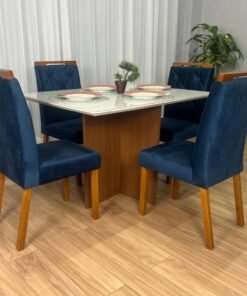 Mesa de Jantar Helo 1.20x0.90 Com 4 Cadeiras Jasmim - Mel/Off White/Azul Veludo