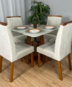 Mesa de Jantar Bali 90x90 Com 4 Cadeiras Isa - Cinamomo/Off White/Bege Veludo