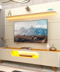 Painel até 85″ Royal 220 Off White + Rack Nobre 210 (Pés de Madeira) Off White/Naturale – GELIUS