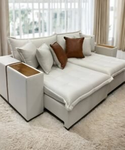 Sofá Cama Retrátil Tebas/Thebas 2,52 m Linho Marfim 12/Courino Dallas 07 – INNOVE ESTOFADOS