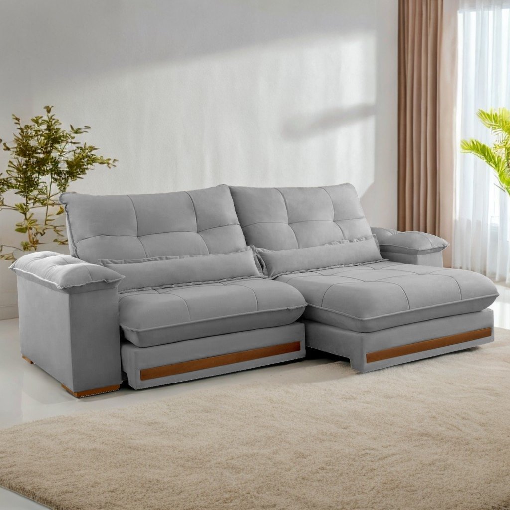 Sofá Retrátil e Reclinável Qatar 2,50 m Veludo Cinza B010 - TREVO ESTOFADOS