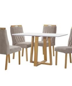 Mesa de Jantar Pedro 90x90 Com 4 Cadeiras Gênova - Cinamomo/Off White/Bege veludo