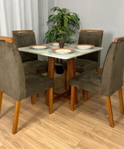 Mesa de Jantar Bali 90x90 Com 4 Cadeiras Isa - Cinamomo/Off White/Marrom Veludo