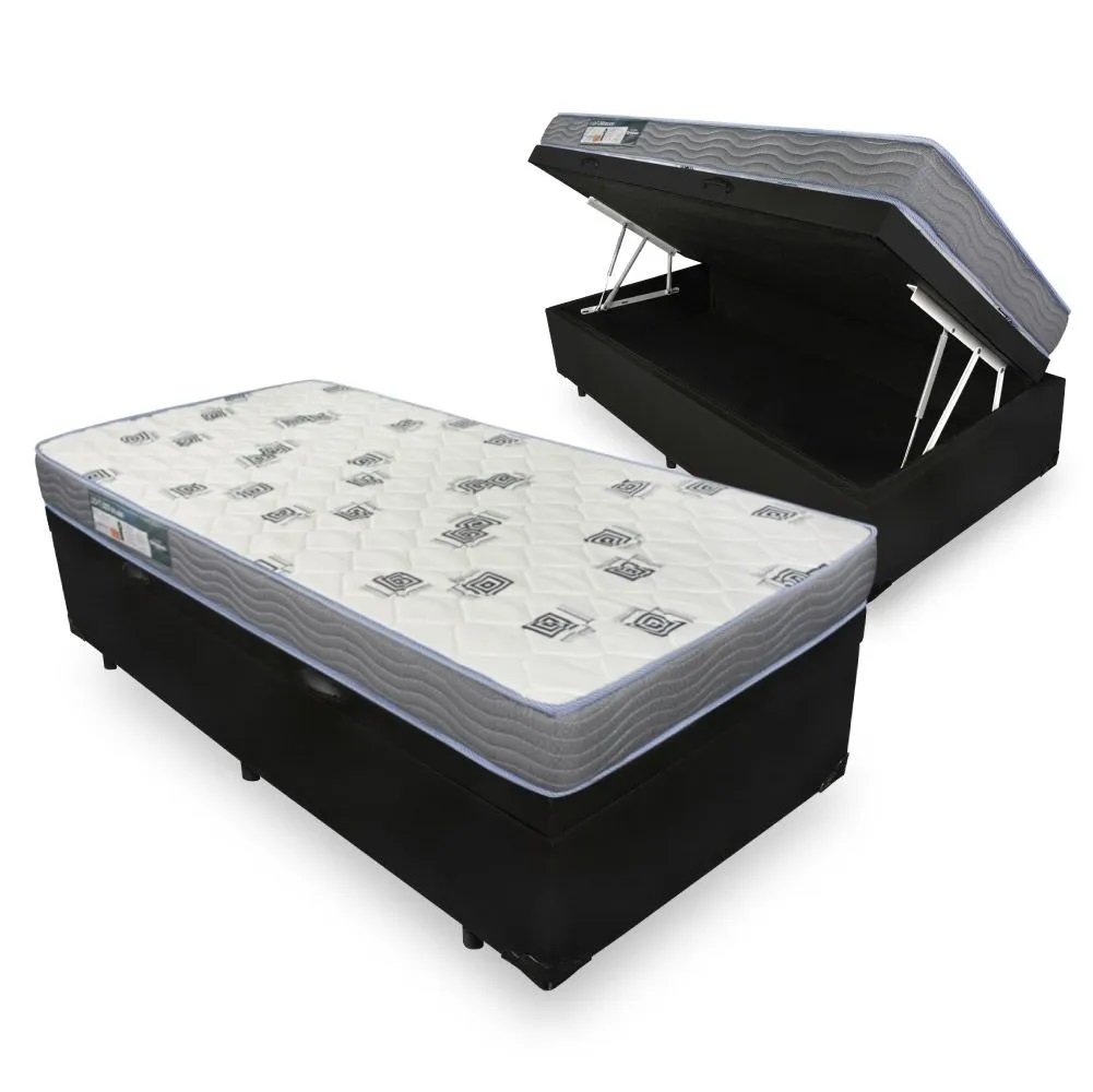 Colchão Solteiro Light D33 + Base Box Baú Corino Preto – ORTOBOM + ALTO NÍVEL CAMAS E COLCHÕES