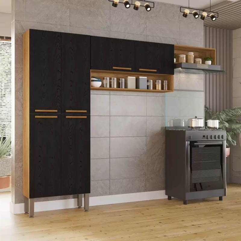 Cozinha Madri 2 Peças Paneleiro + Aéreo Cinamomo/Preto Sallêto