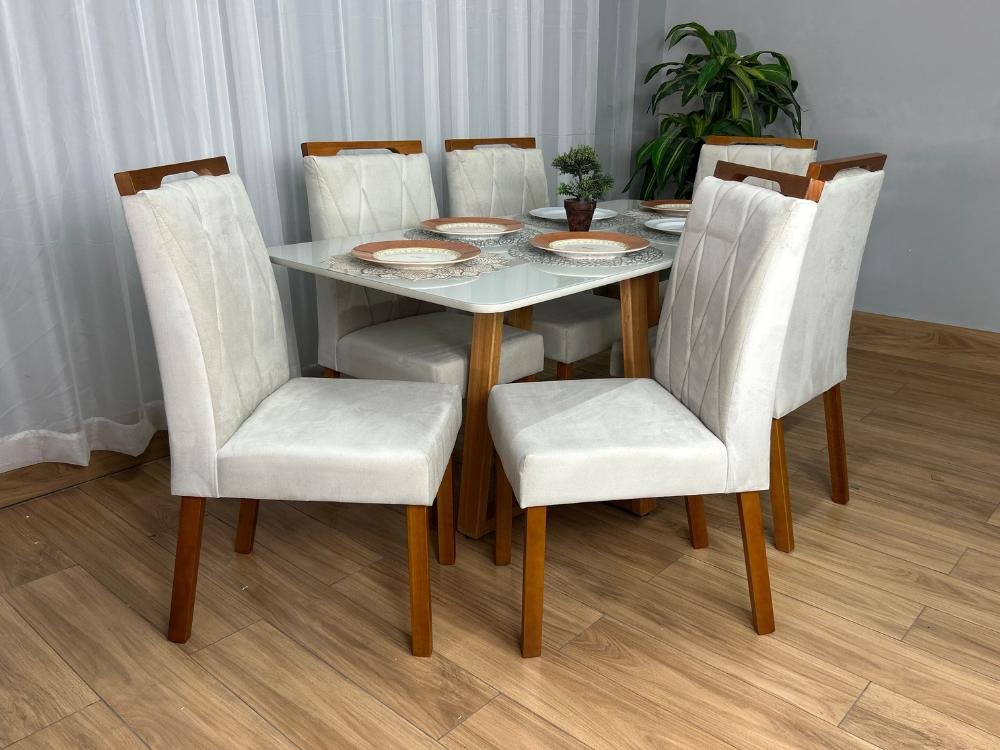 Mesa de Jantar Bali 1.60×0.80 Com 6 Cadeiras Isa – Cinamomo/Off White/Bege Veludo - Imagem 5