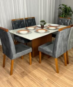 Mesa de Jantar Helo 1.60×0.90 Com 6 Cadeiras Jasmim - Mel/Off White/Cinza Veludo