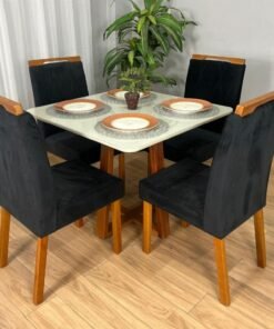 Mesa de Jantar Bali 90x90 Com 4 Cadeiras Califórnia - Cinamomo/Off White/Preta