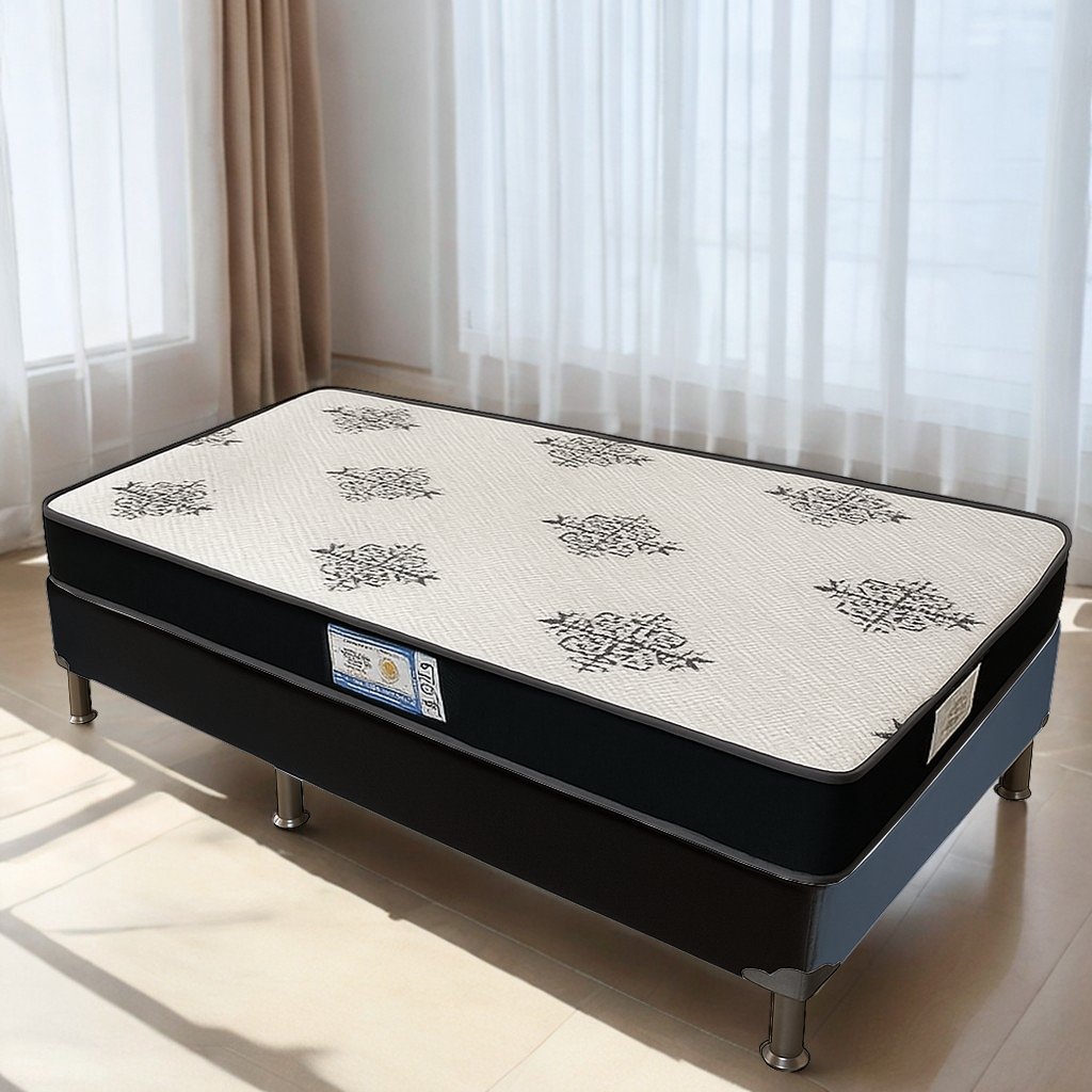 Colchão Solteiro 12 cm Light D20 + Base Box Simples Corino Preto – ECOTEC + BIOSTAR
