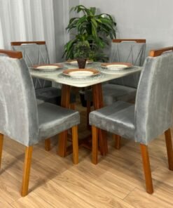 Mesa de Jantar Bali 90x90 Com 4 Cadeiras Isa - Cinamomo/Off White/Cinza Veludo