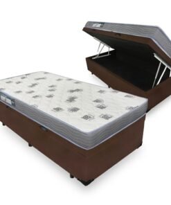 Colchão Solteiro Light D33 + Base Box Baú Corino Marrom – ORTOBOM + ALTO NÍVEL CAMAS E COLCHÕES