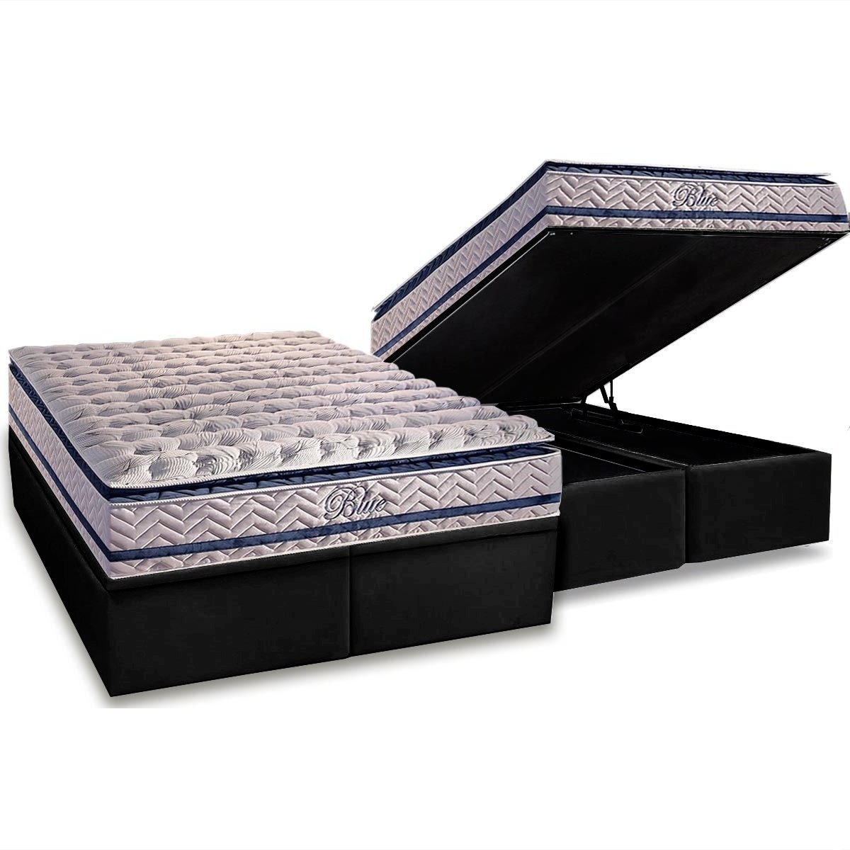 Colchão Queen Blue + Base Box Baú Corino Preto – PAROPAS + ALTO NÍVEL CAMAS E COLCHÕES
