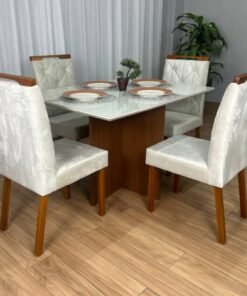 Mesa de Jantar Helo 1.20x0.90 Com 4 Cadeiras Jasmim - Mel/Off White/Bege Veludo