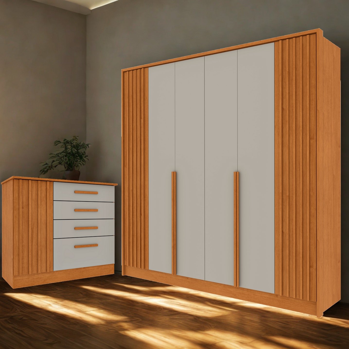 Guarda-Roupa 6 Portas + Cômoda Guarani/Chade Ripado Cinamono/Off White - TCIL