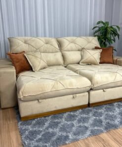 Sofá Retrátil Reclinável Pleno 2.10m - Bege Veludo