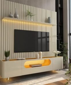 Painel Nobre 230 Off White + Rack Nobre 210 (Pés de Vidro) Off White/Naturale - GELIUS