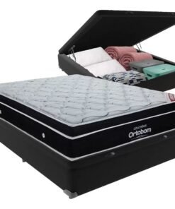 Colchão Casal Elegant D33 Superpocket + Base Box Casal Baú Preto – ORTOBOM + BIOSTAR