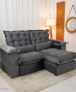 Sofá Retrátil Reclinável Maldivas 2.30m Veludo Cinza – D28 Pró Aditivada