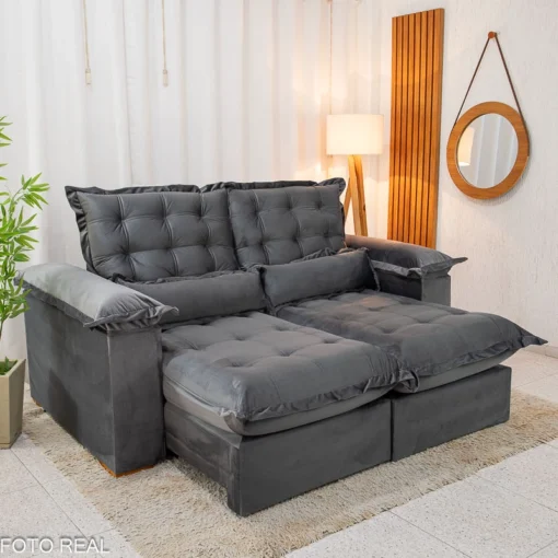 Sofá Retrátil Reclinável Maldivas 2.50m Veludo Cinza – D28 Pró Aditivada - Imagem 5