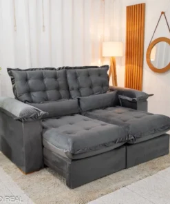Sofá Retrátil Reclinável Maldivas 2.50m Veludo Cinza – D28 Pró Aditivada