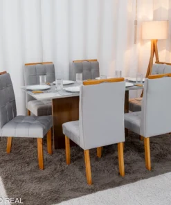 Mesa de Jantar Moscou 160x80 Vidro Off/Base Cinamomo + 6 Cad. Londres Veludo Prata Madeira Minas Plac - Entregue Montada