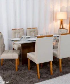 Mesa de Jantar Moscou 160x80 Vidro Off/Base Cinamomo + 6 Cad. Londres Veludo Avelã Madeira Minas Plac - Entregue Montada