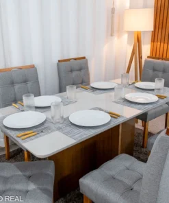 Mesa de Jantar Moscou 160x80 Vidro Off/Base Cinamomo + 6 Cad. Londres Linho Cinza Madeira Minas Plac - Entregue Montada