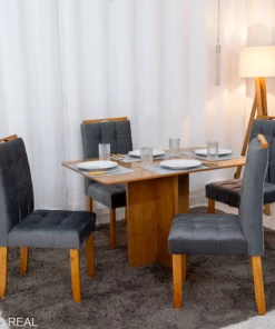 Mesa de Jantar Salina 120x80 Tampo Londres Cinamomo Cel + 4 Cad. Londres Veludo Chumbo Madeira Minas Plac - Entregue Montada