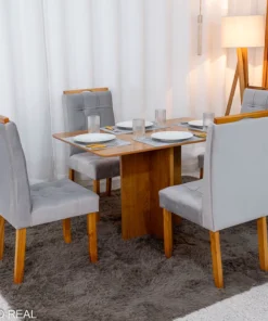 Mesa de Jantar Salina 120x80 Tampo Londres Cinamomo Cel + 4 Cad. Londres Veludo Chumbo Madeira Minas Plac - Entregue Montada