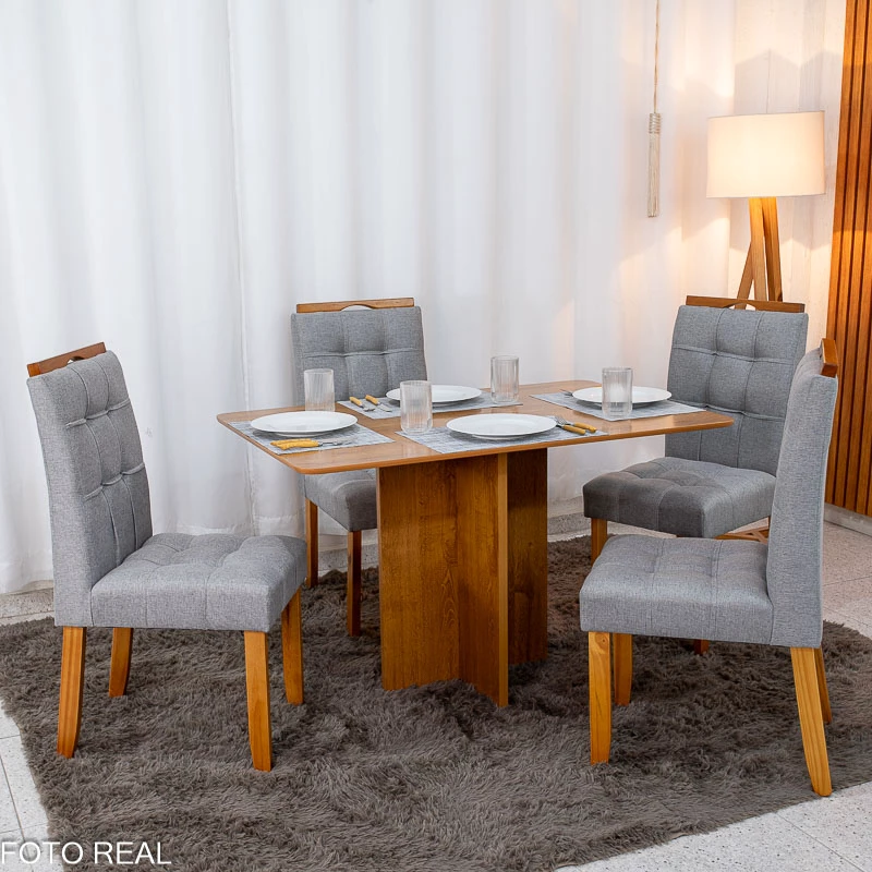 Mesa de Jantar Salina 120x80 Londres Cinamomo Cel + 4 Cad. Londres Linho Cinza Madeira Minas Plac - Entregue Montada