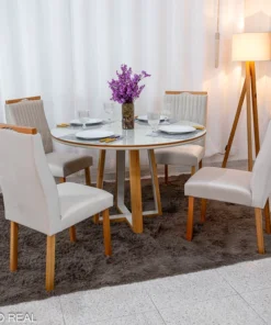 Mesa de Jantar Atlanta Redonda 120cm Vidro Off/Base Madeira Minas Plac + 4 Cad. Genova Veludo Bege 512 Madeira Art Assentos - Entregue Montada