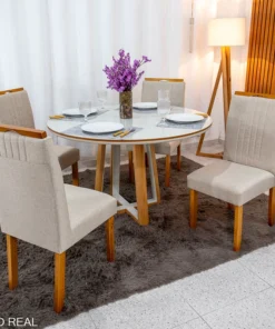 Mesa de Jantar Atlanta Redonda 120cm Vidro Off/Base Madeira + 4 Cad. Atlanta Linho Bege Cru Madeira Minas Plac - Entregue Montada