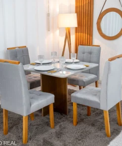 Mesa de Jantar Moscou 90x90 Vidro Off/Base Cinamomo + 4 Cad. Londres Madeira Minas Plac - Entregue Montada