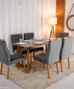 Mesa de Jantar Dubai Tampo Londres Cinamomo 160x80 6 Cadeiras Genova Veludo Cinza 507 Madeira Maciça