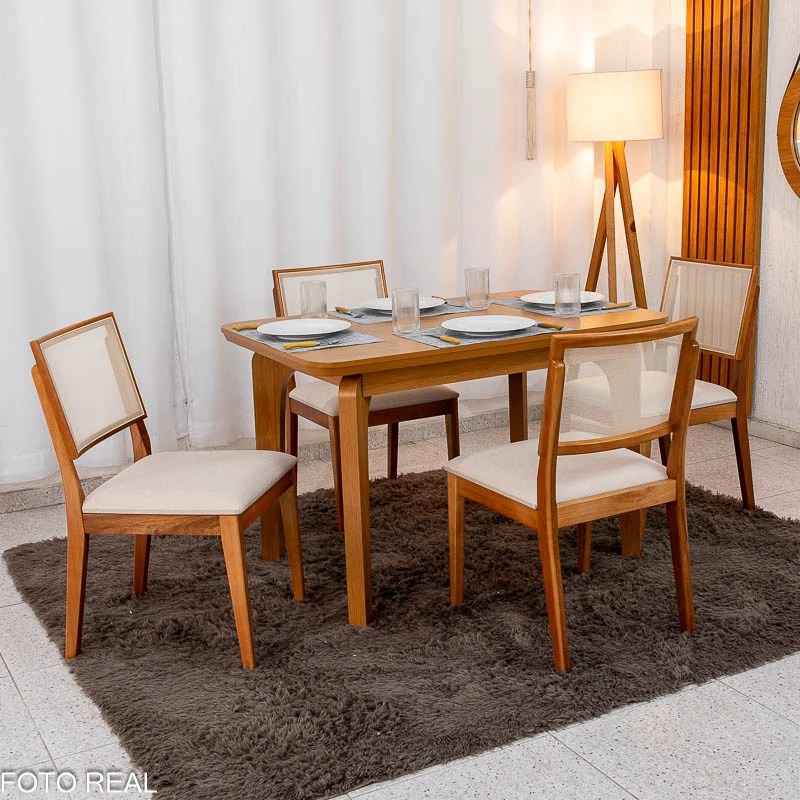 Mesa de Jantar Londrina 120x80 Cinamomo Rufato + 4 Cad. Dubai Linho Bege Madeira - Art Assento