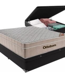 Colchão Casal Airtech Springpocket + Base Box Baú Corino Preto – ORTOBOM + ALTO NÍVEL CAMAS E COLCHÕES