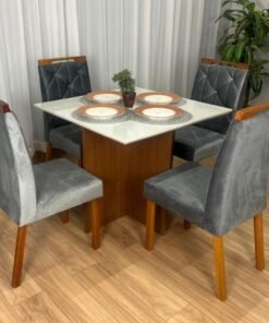 Mesa de Jantar Helo 0.90x0.90 Com 4 Cadeiras Jasmim - Mel/Off White/Cinza Veludo
