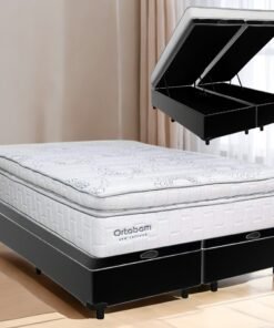 Colchão Queen New Freedom + Base Box Baú Corino Preto – ORTOBOM + BIOSTAR