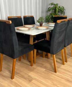 Mesa de Jantar Bali 1.60×0.80 Com 6 Cadeiras Isa – Cinamomo/Off White/Preto Veludo