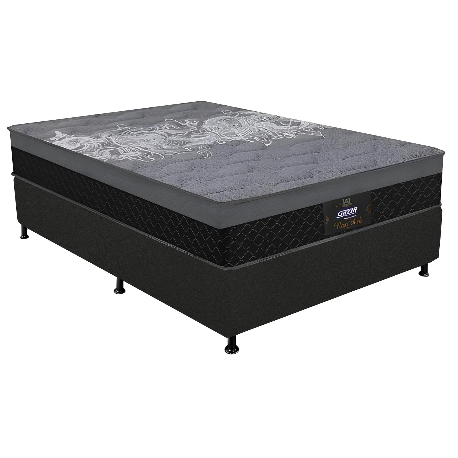 Colchão Casal New York + Base Box Simples Corino Preto – GAZIN + ALTO NÍVEL
