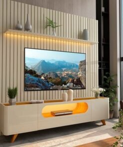 Painel Nobre 230 Off White + Rack Nobre 210 (Pés de Madeira) Off White/Naturale – GELIUS