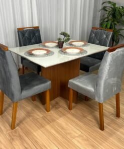 Mesa de Jantar Helo 1.20x0.90 Com 4 Cadeiras Jasmim - Mel/Off White/Cinza Veludo