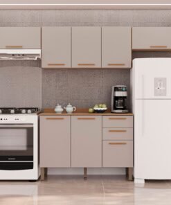 Kit 2 Armário Aéreo Geladeira + 1 Armário Aéreo Triplo + 1 Balcão New Valência Cinamomo/Off White – SALLÊTO