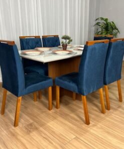 Mesa de Jantar Helo 1.60×0.90 Com 6 Cadeiras Jasmim - Mel/Off White/Azul Veludo