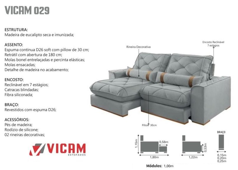 Sofá Retrátil e Reclinável Poseidon 029 2,50 m Veludo Azul - VICAM ESTOFADOS - Imagem 2